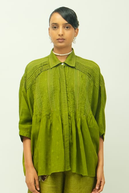 Shop_OFRIDA_Green Jacquard, Doriya Collared Dusk Leaf Pleated Top And Floral Pant Set _Online_at_Aza_Fashions