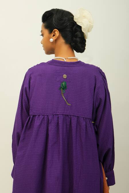 Buy_OFRIDA_Purple Embroidery Split V-neck Thistle Floral Sushi Checks Kurta And Pant _Online_at_Aza_Fashions