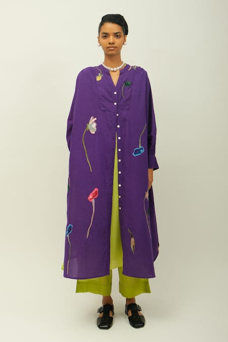 OFRIDA Thistle Floral Embroidered Sushi Checks Kurta & Pant 