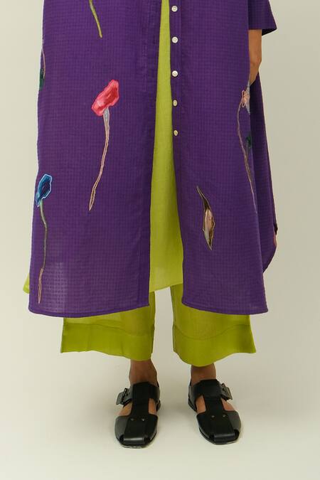 Shop_OFRIDA_Purple Embroidery Split V-neck Thistle Floral Sushi Checks Kurta And Pant _Online_at_Aza_Fashions