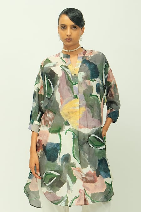 Shop OFRIDA Multi Color Doriya Mandarin Collar Moon Flower Dotted Dobby Kurta And Pant Set Online at Aza Fashions Shop_OFRIDA_Multi Color Doriya Mandarin Collar Moon Flower Dotted Dobby Kurta And Pant Set _Online_at_Aza_Fashions