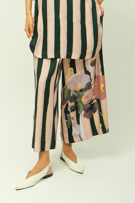 Shop_OFRIDA_Pink Viscose Mandarin Collar Pg Stripes Floral Print Kurta And Pant Set _Online_at_Aza_Fashions