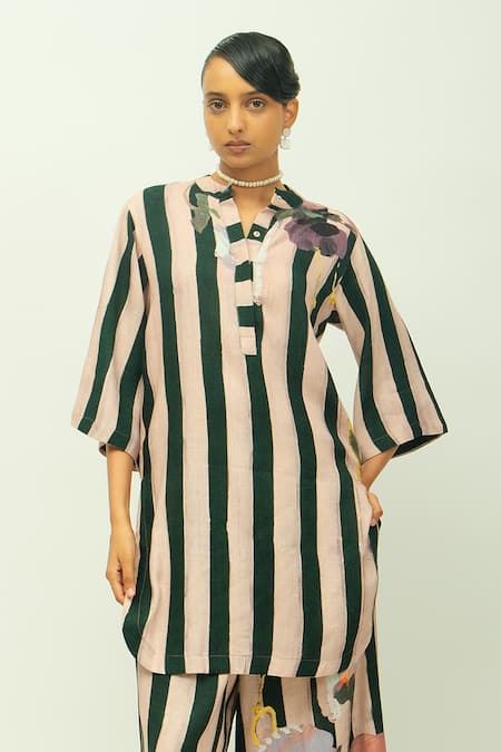 OFRIDA_Pink Viscose Mandarin Collar Pg Stripes Floral Print Kurta And Pant Set _at_Aza_Fashions