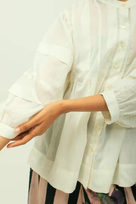 OFRIDA_White Viscose Mandarin Collar Boheme Slub Top And Striped Floral Pant Set _Online_at_Aza_Fashions