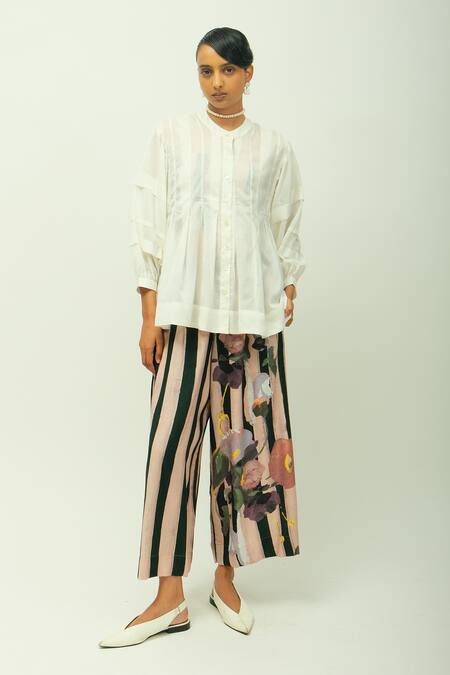 Buy_OFRIDA_White Viscose Mandarin Collar Boheme Slub Top And Striped Floral Pant Set _Online_at_Aza_Fashions