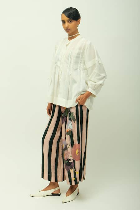 Shop_OFRIDA_White Viscose Mandarin Collar Boheme Slub Top And Striped Floral Pant Set _Online_at_Aza_Fashions