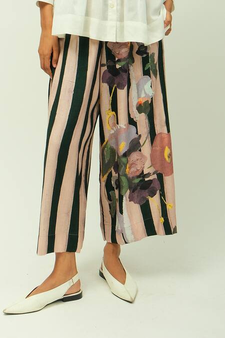 OFRIDA_White Viscose Mandarin Collar Boheme Slub Top And Striped Floral Pant Set _at_Aza_Fashions