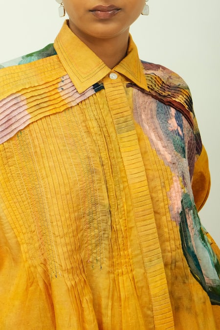 OFRIDA_Yellow Collared Sol Dotted Dobby Pintuck And Abstract Print Top & Pant Set _at_Aza_Fashions