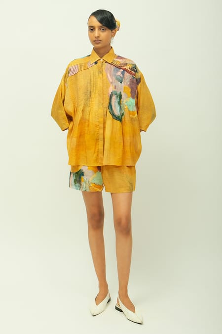 Buy OFRIDA Yellow Doriya Collared Sol Dotted Dobby Printed Top And Pant Set Online at Aza Fashions Buy_OFRIDA_Yellow Doriya Collared Sol Dotted Dobby Printed Top And Pant Set _Online_at_Aza_Fashions