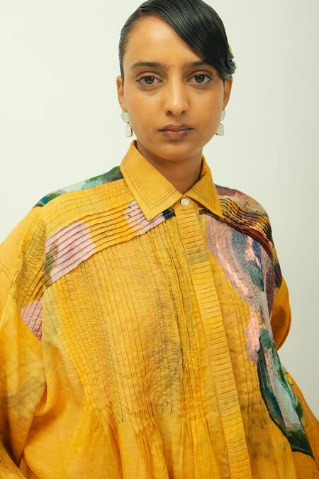 Shop OFRIDA Yellow Doriya Collared Sol Dotted Dobby Printed Top And Pant Set Online at Aza Fashions Shop_OFRIDA_Yellow Doriya Collared Sol Dotted Dobby Printed Top And Pant Set _Online_at_Aza_Fashions