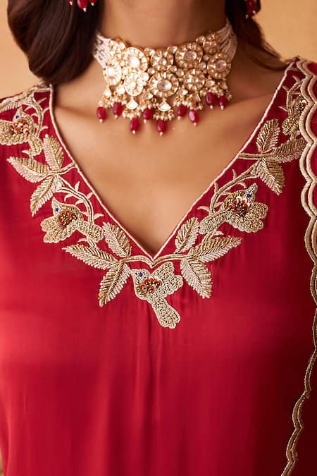 Buy_Neitri_Maroon , Georgette, Organza Embroidery, Beads, Zari Kanak Kurta Set _Online_at_Aza_Fashions