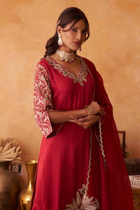 Shop_Neitri_Maroon , Georgette, Organza Embroidery, Beads, Zari Kanak Kurta Set 