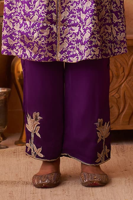 Neitri_Purple Silk, Georgette, Brocade Embroidery V-neck Mrinal And Kurta Set _Online_at_Aza_Fashions