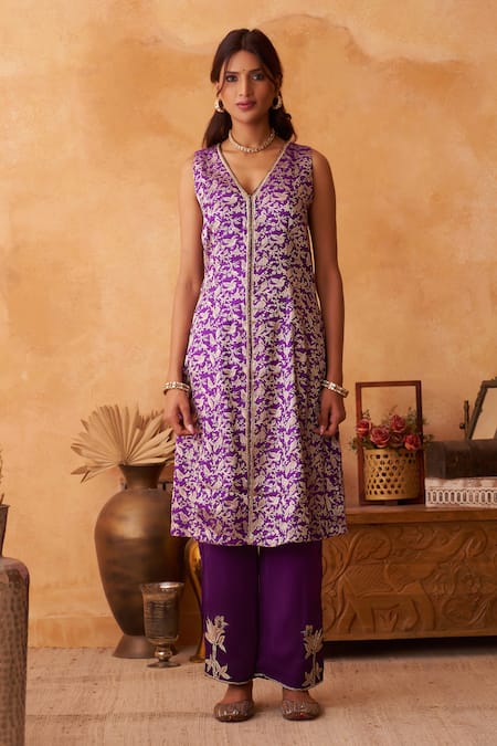 Buy_Neitri_Purple Silk, Georgette, Brocade Embroidery V-neck Mrinal And Kurta Set _Online_at_Aza_Fashions