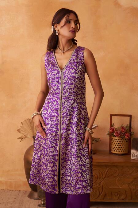 Neitri_Purple Silk, Georgette, Brocade Embroidery V-neck Mrinal And Kurta Set _at_Aza_Fashions