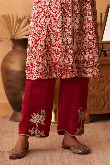 Neitri_Maroon Silk, Georgette, Brocade Embroidery V-neck Ketaki Kurta And Pant Set _Online_at_Aza_Fashions