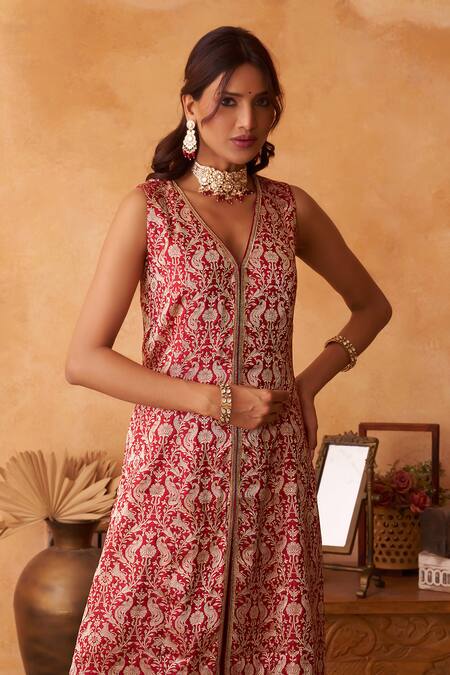 Shop_Neitri_Maroon Silk, Georgette, Brocade Embroidery V-neck Ketaki Kurta And Pant Set _Online_at_Aza_Fashions