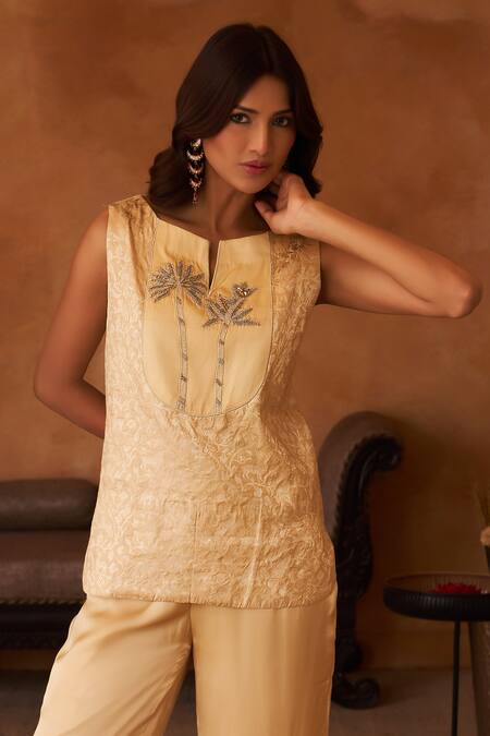 Buy_Neitri_Ivory Silk, Georgette, Brocade Embroidery Palash Hand And Machine Top & Pant Set _Online_at_Aza_Fashions