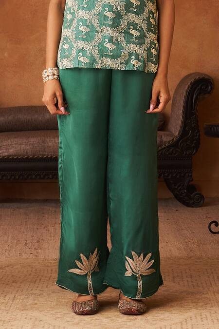 Neitri_Emerald Green Silk, Georgette Embroidery Keyhole Neck Samar Kurta And Pant Set _Online_at_Aza_Fashions