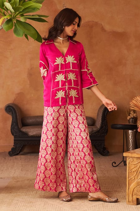 Neitri Fuchsia Silk, Georgette, Brocade Embroidery, Rasika Palm Tree Kurta And Pant Set 