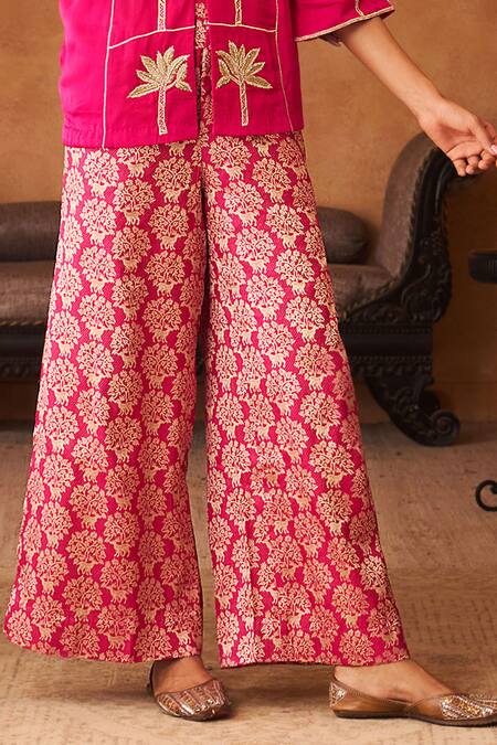 Neitri_Fuchsia Silk, Georgette, Brocade Embroidery, Rasika Palm Tree Kurta And Pant Set _Online_at_Aza_Fashions