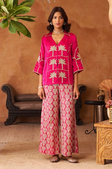 Shop_Neitri_Fuchsia Silk, Georgette, Brocade Embroidery, Rasika Palm Tree Kurta And Pant Set _Online_at_Aza_Fashions