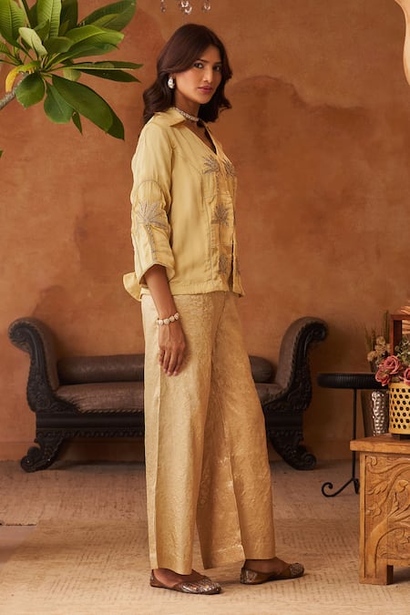 Neitri_Yellow Silk, Georgette, Brocade Embroidery Malhar Palm Tree Shirt And Pant _Online_at_Aza_Fashions