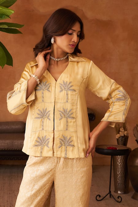 Buy_Neitri_Yellow Silk, Georgette, Brocade Embroidery Malhar Palm Tree Shirt And Pant _Online_at_Aza_Fashions