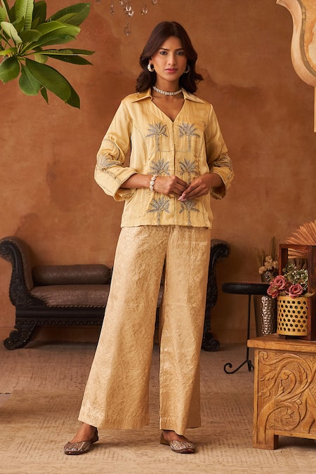 Shop_Neitri_Yellow Silk, Georgette, Brocade Embroidery Malhar Palm Tree Shirt And Pant _Online_at_Aza_Fashions