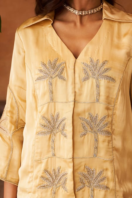 Neitri_Yellow Silk, Georgette, Brocade Embroidery Malhar Palm Tree Shirt And Pant _at_Aza_Fashions