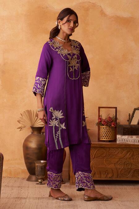 Buy_Neitri_Purple Silk, Georgette Embroidery Split V-neck Charbagh Kurta And Pant Set _Online_at_Aza_Fashions