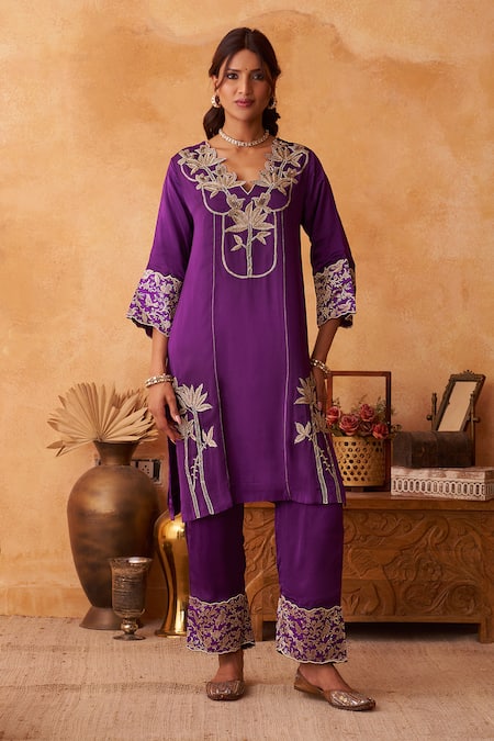 Neitri Purple Silk, Georgette Embroidery Split V-neck Charbagh Kurta And Pant Set 