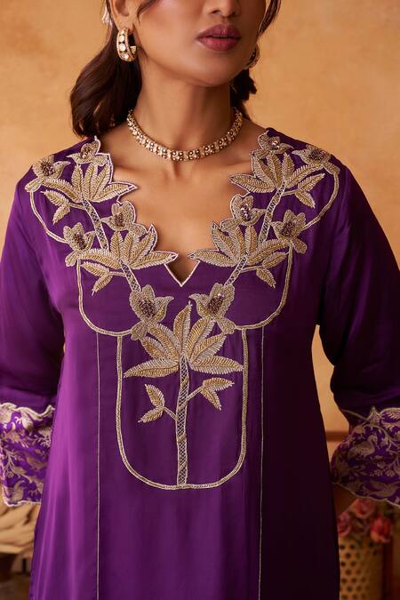 Shop_Neitri_Purple Silk, Georgette Embroidery Split V-neck Charbagh Kurta And Pant Set _Online_at_Aza_Fashions