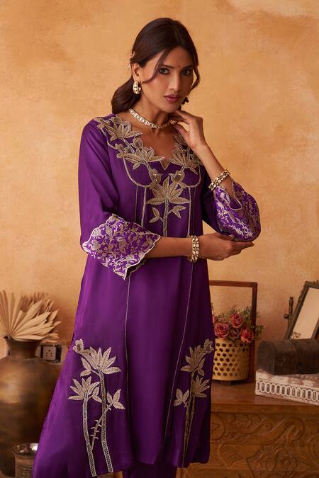 Neitri_Purple Silk, Georgette Embroidery Split V-neck Charbagh Kurta And Pant Set _at_Aza_Fashions