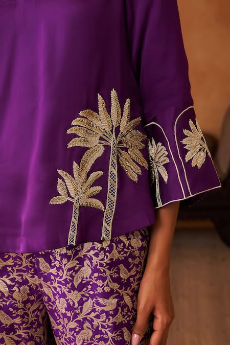 Neitri_Purple Silk, Georgette, Handloom Cotton, Brocade Neerja Kurta And Pant Set _Online_at_Aza_Fashions