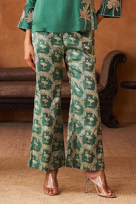 Neitri_Emerald Green Silk, Georgette, Handloom Cotton Harini Kurta And Brocade Pant Set _Online_at_Aza_Fashions