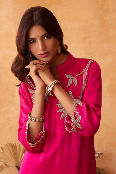 Neitri_Fuchsia Silk, Georgette Embroidery Mandarin Collar, Kamalini Kurta And Pant Set _Online_at_Aza_Fashions