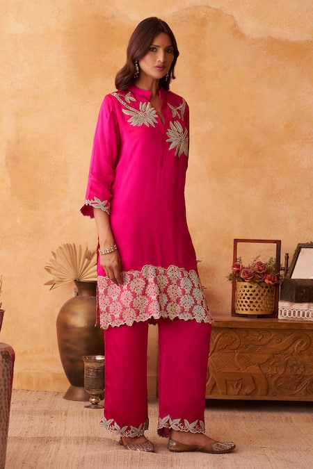 Buy_Neitri_Fuchsia Silk, Georgette Embroidery Mandarin Collar, Kamalini Kurta And Pant Set _Online_at_Aza_Fashions