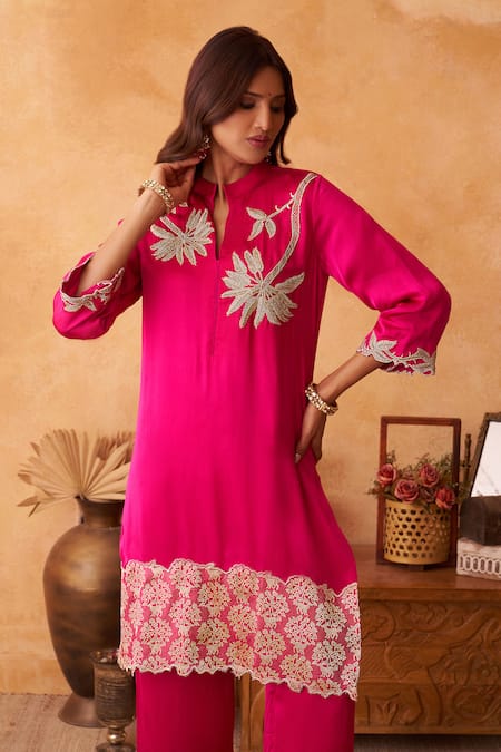 Shop_Neitri_Fuchsia Silk, Georgette Embroidery Mandarin Collar, Kamalini Kurta And Pant Set _Online_at_Aza_Fashions