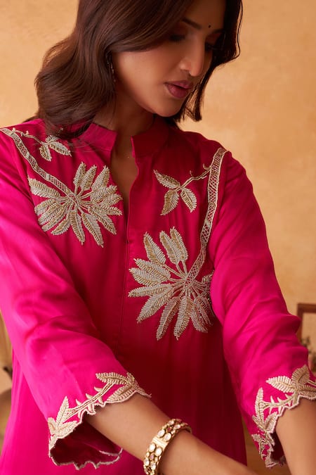 Neitri_Fuchsia Silk, Georgette Embroidery Mandarin Collar, Kamalini Kurta And Pant Set _at_Aza_Fashions