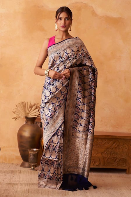 Neitri Navy Brocade, Silk Zari Primrose Banarasi Floral And Geometric Saree 