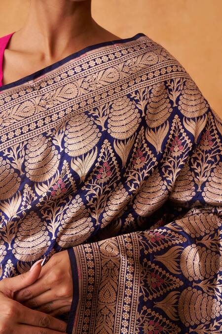 Neitri_Navy Brocade, Silk Zari Primrose Banarasi Floral And Geometric Saree _Online_at_Aza_Fashions