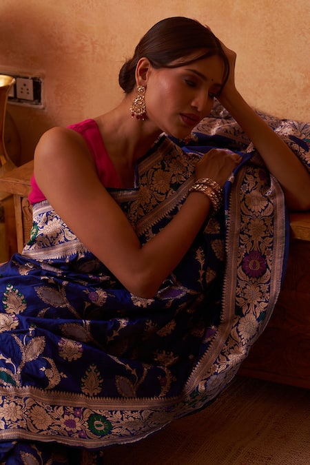 Neitri_Blue Silk, Brocade Zari Azalea Banarasi Floral Woven Saree _Online_at_Aza_Fashions