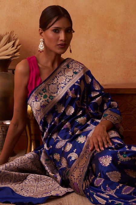 Buy_Neitri_Blue Silk, Brocade Zari Azalea Banarasi Floral Woven Saree _Online_at_Aza_Fashions