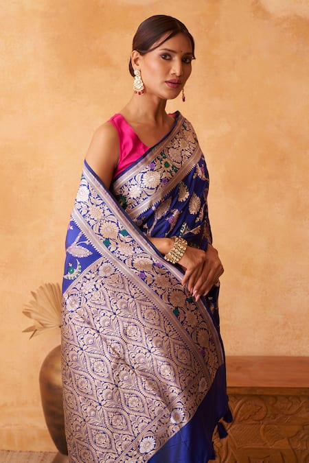 Shop_Neitri_Blue Silk, Brocade Zari Azalea Banarasi Floral Woven Saree _Online_at_Aza_Fashions