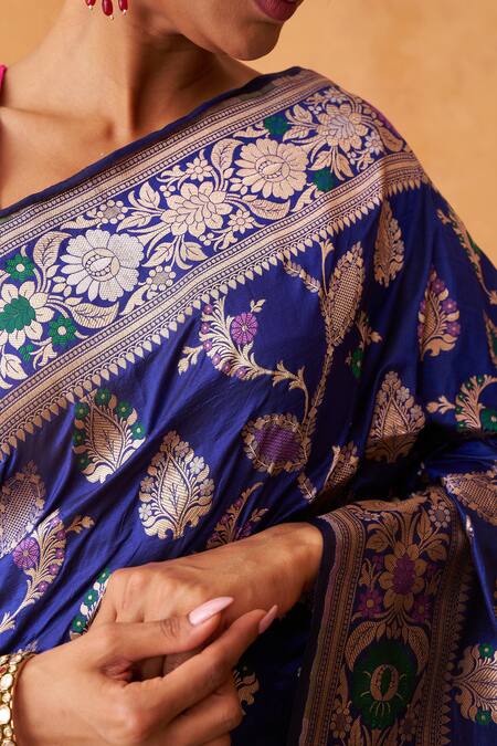 Neitri_Blue Silk, Brocade Zari Azalea Banarasi Floral Woven Saree _at_Aza_Fashions