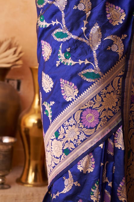 Buy_Neitri_Blue Silk, Brocade Zari Azalea Banarasi Floral Woven Saree 