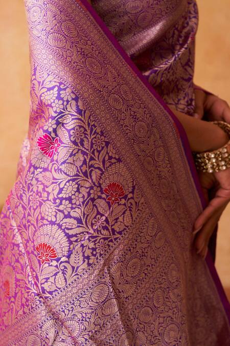 Neitri_Purple Brocade, Silk Zari Banarasi Floral Motif Saree _Online_at_Aza_Fashions