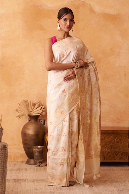 Neitri Ivory Brocade Zari, Embroidery Jasmine Banarasi Silk Floral Woven Saree 
