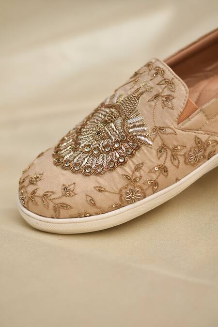 Around Always_Beige Sultan Peacock Embroidered Slip-on Shoes _Online_at_Aza_Fashions